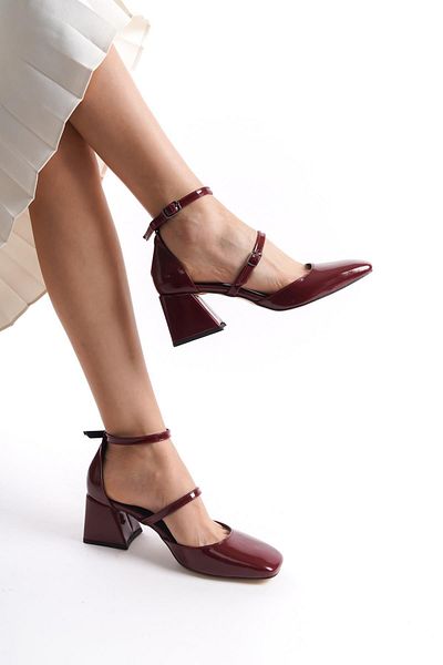 Modabuymus Sigva Mary Jane Summer Claret Red Patent Leather Thick Heeled Strapped Shoes