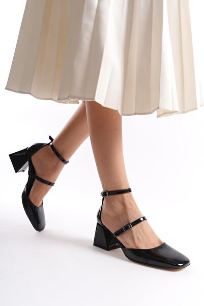 Modabuymus Sigva Mary Jane Summer Black Patent Leather Thick Heeled Strapped Shoes