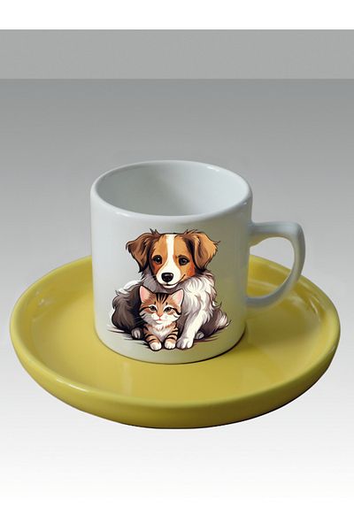lili hediyelik Cat Dog Friendship Printed Turkish Coffee Cup - Gift Ceramic Mug Cup