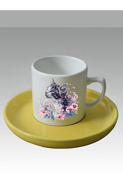 lili hediyelik Floral Cat Printed Turkish Coffee Cup - Gift Coffee Cups Mug Cup