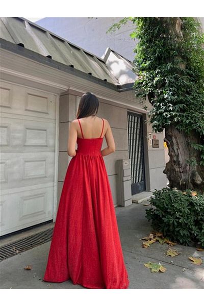Mekafashion Red Glittered Slit Evening Dress