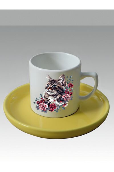 lili hediyelik Cat Printed Turkish Coffee Cup in Roses - Gift Coffee Cups Mug Cup