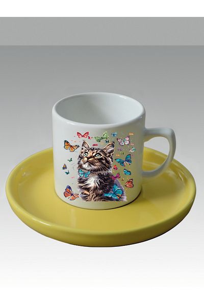 lili hediyelik Butterfly Cat Printed Turkish Coffee Cup - Gift Coffee Cups Mug Cup
