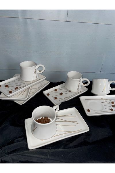 Arsim Home Striped White 6-Person Cup Set with Presentation Plate