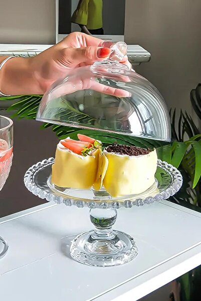 ALBETTO Lüks Cam Ayaklı Kek Pasta Fanus, Servis Sunumluk Boncuk Kalp