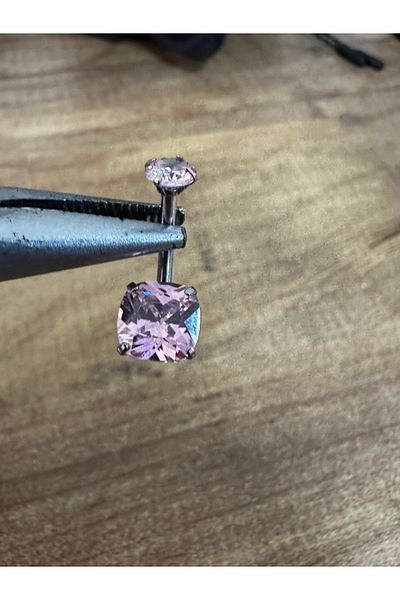 MAZEN Pink Colored Surgical Steel Square Belly Piercing - Double Zircon Stone