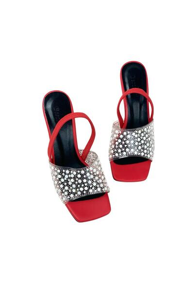 bescobel Peşil Red Stoned Women's Thin Heel Slippers - Elastic, 8Cm 807