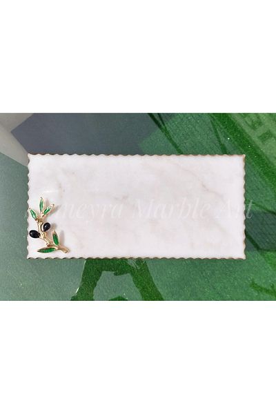Sümeyra Marble Art Antique - White Marble Presentation Tray| 15x30cm| Gold| Grape Bunch Detailed|
