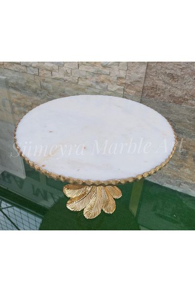 Sümeyra Marble Art Royal - Natural White Marble Presentation Tray| Footed Marble Plate| Standing Presentation Holder| Gold| 28cm