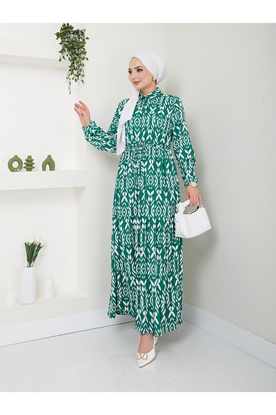 VOLT CLOTHİNG فستان حجاب نسائي منقوش بياقة قميص وخصر برباط