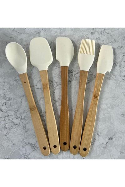 PANJI Set of 5 Colorful Bamboo Silicone Spatulas - Long 21cm
