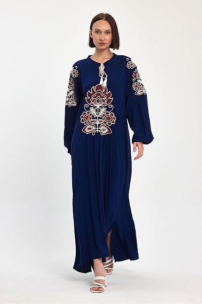 Denismoda Women's High Collar Lace-Up Embroidery Detailed Long Balloon Sleeve Dress