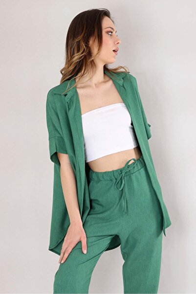 Fashion Showcase Oversize Short Sleeve Linen Women's Shirt - Green