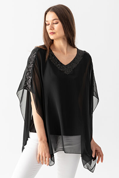 EtkiModa Γυναικεία μπλούζα από σιφόν με λεπτομέρεια βισκόζης με χτενισμένη βαμβακερή επένδυση