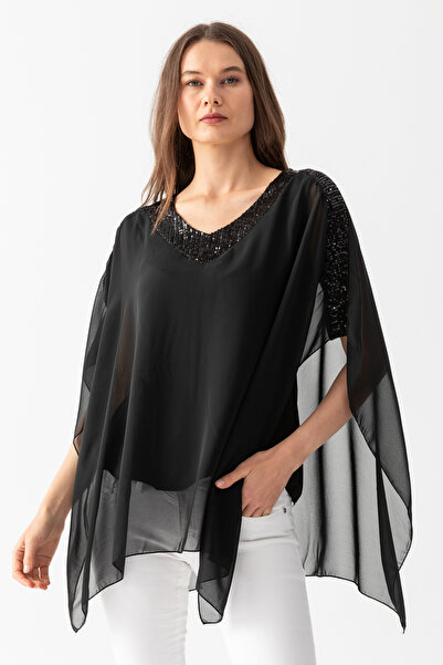 EtkiModa Γυναικεία μπλούζα από σιφόν με λεπτομέρεια βισκόζης με χτενισμένη βαμβακερή επένδυση