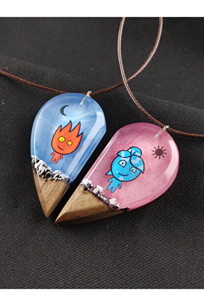 Selenge Art Ateş ve Su Temalı Çift Kolyesi El Emeği Epoksi Kolye
