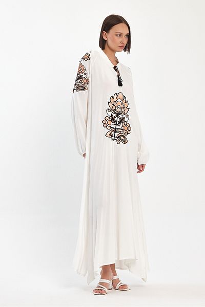 Denismoda Women's High Collar Lace-Up Embroidery Detailed Long Balloon Sleeve Dress