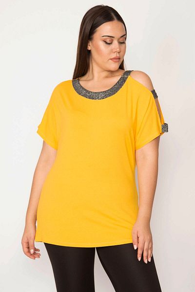 Şans Women's Large Size Yellow Blouse with One Shoulder and Glitter Detail on the Collar 65n29510