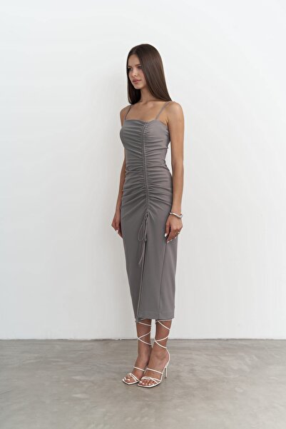 MAI STUDIOS CO. Custom Önü Büzgülü Gri Midi Boy Elbise