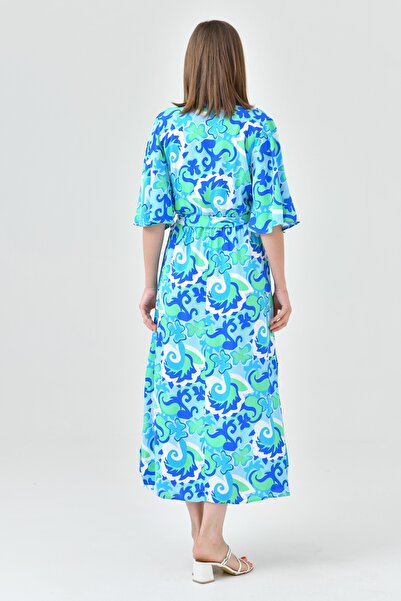 vuvutasarım Curea cu imprimeu din țesătură elastică pentru femei, cu fante laterale detaliate, guler dublu, lungime midi, rochie albastră 101