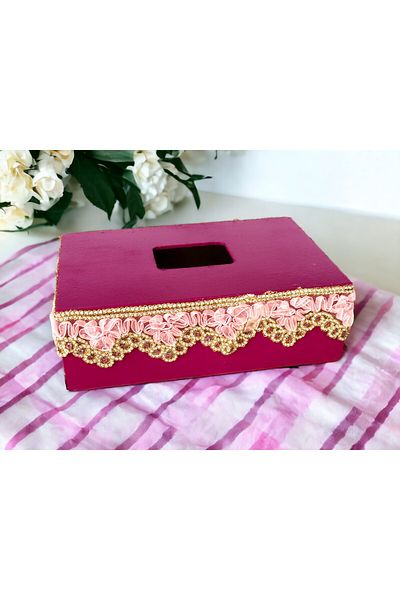 Fun Life Handmade Wooden Handkerchief Box with Lace Decoration - Pink