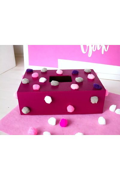 Fun Life Handmade Wooden Handkerchief Box Decorated with Pompoms - Pink