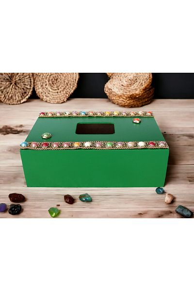 Fun Life Handmade Wooden Handkerchief Box Decorated with Colorful Beads - Green