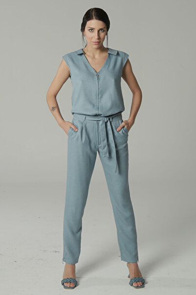 NURHACIOGLU Kadın keten yakalı önden fermuarlı cepli kemerli tulum