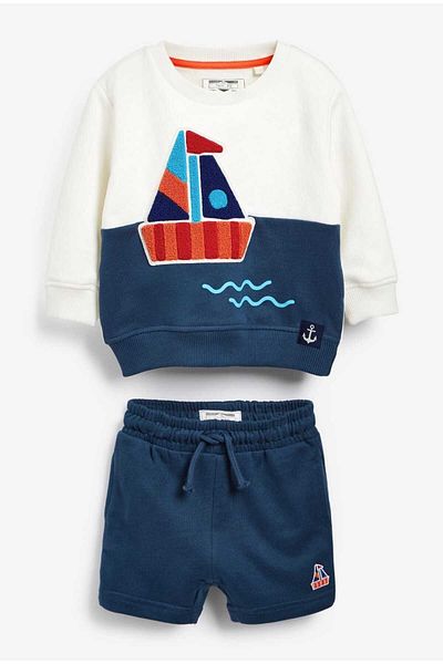 Next Baby 100% Cotton Navy Blue/Cream Punch Sail Patterned Sweatshirt and Shorts Set