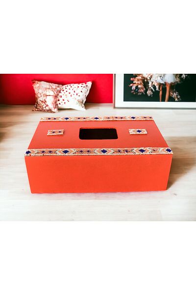 Fun Life Handmade Wooden Handkerchief Box with Bead Decoration - Pomegranate Flower