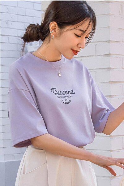 Revasser Унисекс лилав топ с кръгло деколте и щампи Thousand