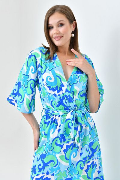 4S1B FASHION Țesătură elastică imprimată Curea imprimată cu fantă laterală, lungime midi, rochie albastră de vară 101