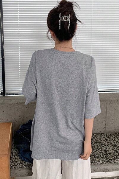 Revasser Unisex Gri Bisiklet Yaka Thousand Baskılı Oversize