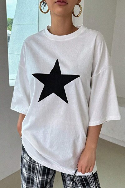 Revasser Unisex alb cu gât cu stea cu imprimeu supradimensionat