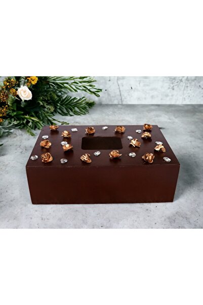 Fun Life Gül Ve Boncuklarla Süslenmiş El Yapımı Ahşap Mendil Kutusu - Kahverengi