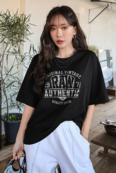 Revasser Kadın Siyah Original Vintage Baskılı Oversize