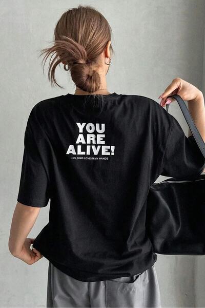 Revasser Unisex Siyah You Are Alive Sırt Baskılı Oversize