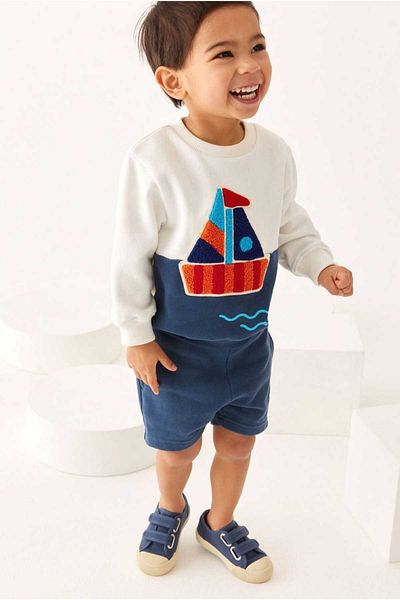 Next Baby 100% Cotton Navy Blue/Cream Punch Sail Patterned Sweatshirt and Shorts Set