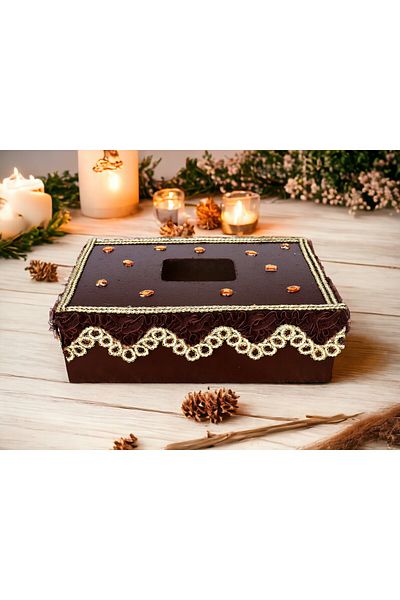 Fun Life Handmade Wooden Handkerchief Box with Lace Decoration - Brown