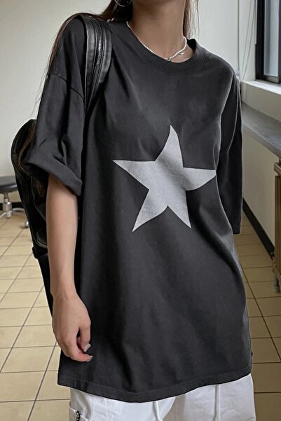Revasser Unisex Antrasit Bisiklet Yaka Yıldız Baskılı Oversize
