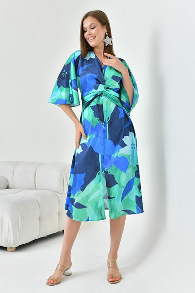 vuvutasarım Printed Satin Fabric Slit Detailed Short Bat Sleeve Double Breasted Collar Satin Evening Dress 24Y2252