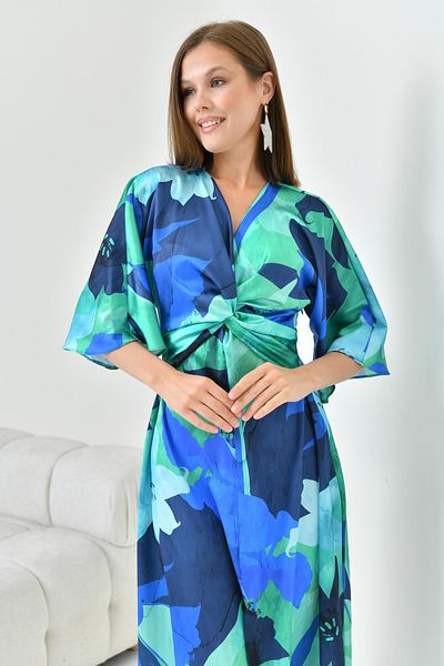 vuvutasarım Printed Satin Fabric Slit Detailed Short Bat Sleeve Double Breasted Collar Satin Evening Dress 24Y2252