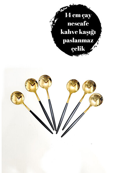 BRE HOME 6 adet gold siyah paslanmaz çelik çay nescafe kahve kaşığı 14 cm