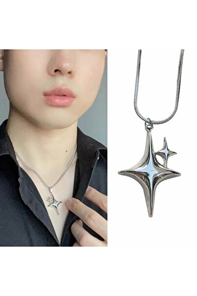 Herşey Nota Star Silver Gotik Zincirli Çift Yıldızlı Kolye