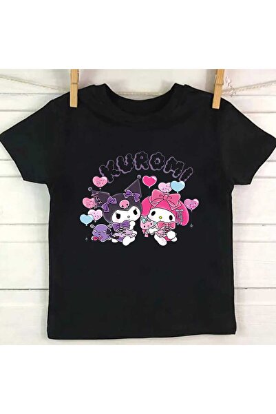 MECH BUTİK تي شيرت بناتي أسود مطبوع عليه بالون كورومي