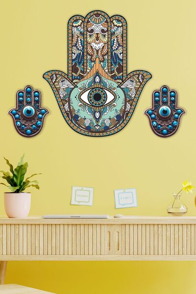 UNT Ahşap Hamsa Fatma Ana Bereket Eli Duvar Süsü Tablo Seti