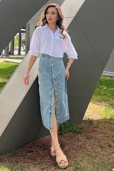 GÜLSELİ Fusta Jean Denim - Ice Blue și Detaliu Nasturi