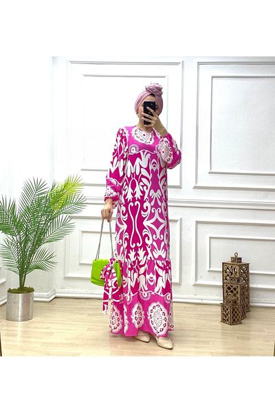 POLANGEL Women's Black Viscose Cotton Patterned Hijab Dress 2423