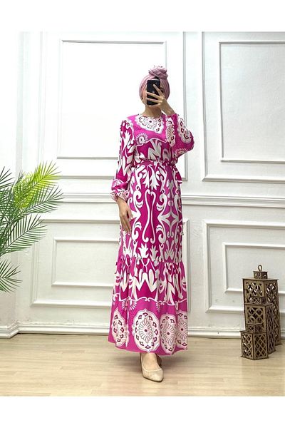 POLANGEL Women's Black Viscose Cotton Patterned Hijab Dress 2423