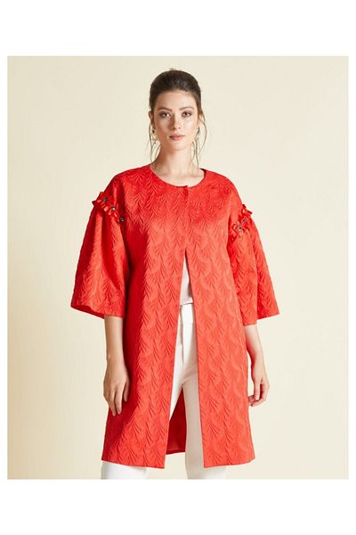 LUXXO Women's Red Shoulder Buttoned Textured Tunic Y0188